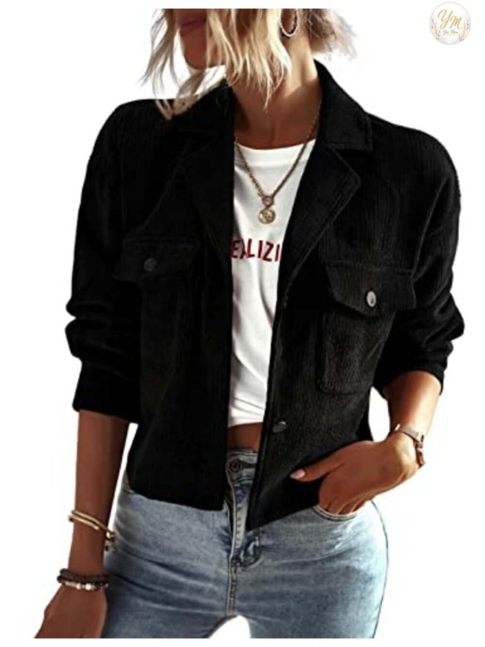 Corduroy Jacket Lightweight Cropped Shacket Button Flap Pockets